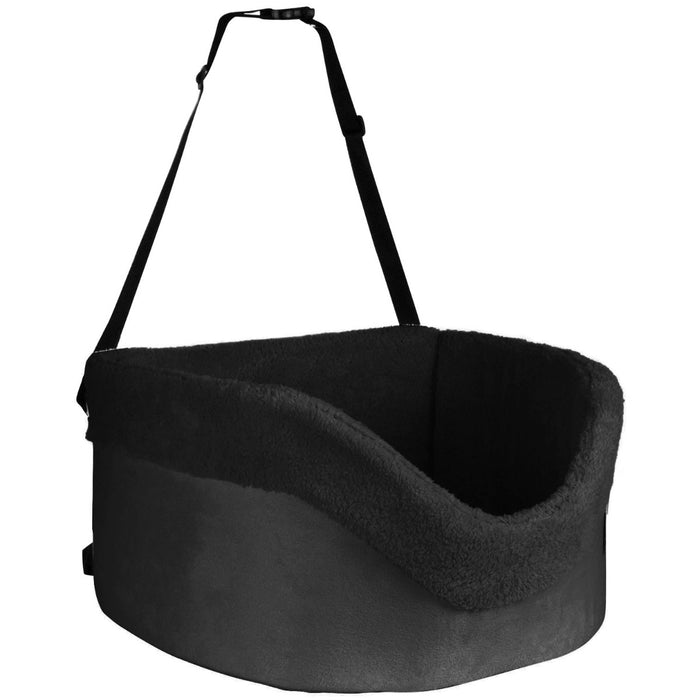 Dog Car Booster Seat in Soft Black Fleece - Elevated Pet Bed for Travel - Comfort & Safety for Small Dogs on Road Trips