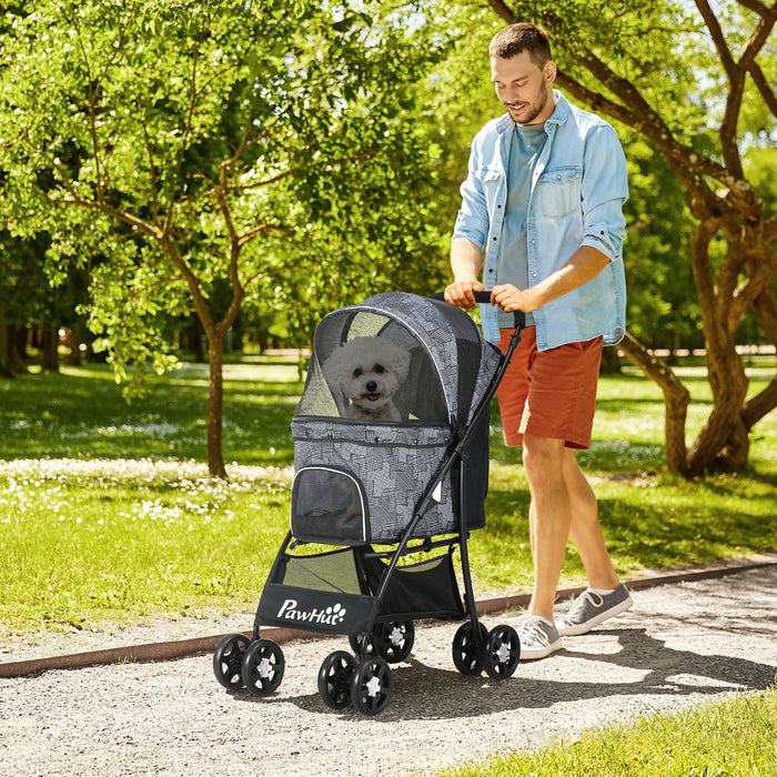 Foldable Pet Stroller for XS & S Pets - Dog & Cat Travel Pushchair with Brake Canopy & Universal Wheels - Portable Carrier for Safe Pet Outings, Grey
