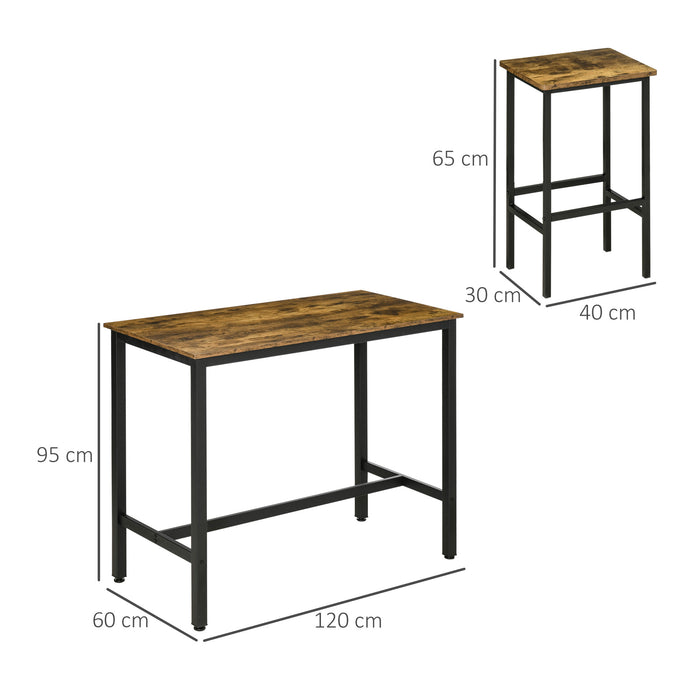 Industrial Bar Table Set - 3-Piece Rustic Brown Breakfast Counter with Matching Stools - Ideal for Kitchen & Living Room Space Saving Dining