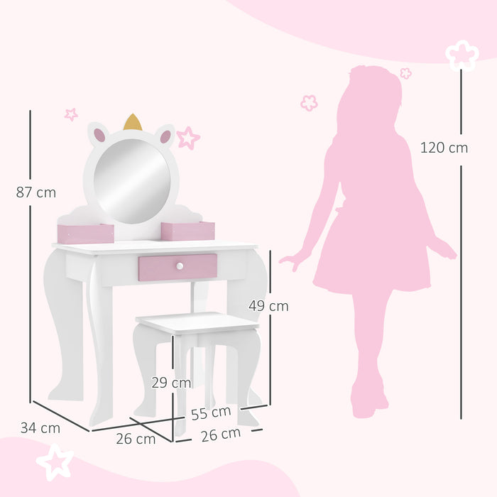 Unicorn-Design Vanity Set for Children - Dressing Table with Mirror and Matching Stool - Perfect for Kids' Bedroom Decor and Playtime