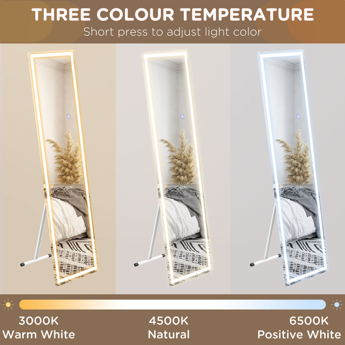 LED-Lit Standing Dressing Mirror - Bedroom Wall Mirror with Dimmable 3-Color Lighting, White - Ideal for Makeup and Room Ambiance