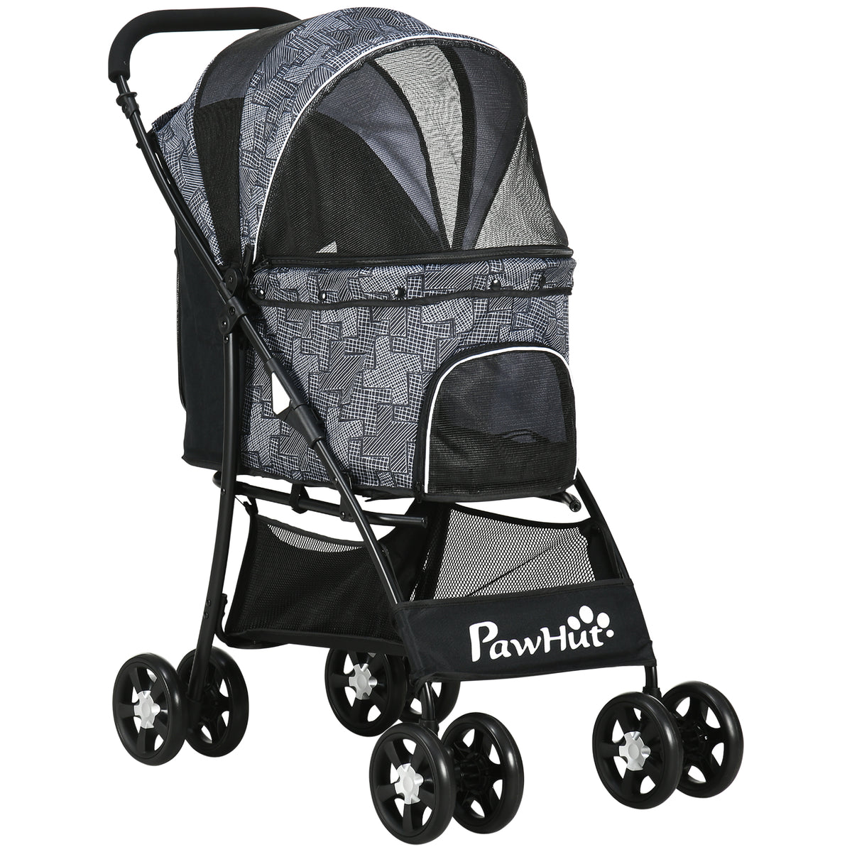 Foldable Pet Stroller for XS & S Pets - Dog & Cat Travel Pushchair with Brake Canopy & Universal Wheels - Portable Carrier for Safe Pet Outings, Grey