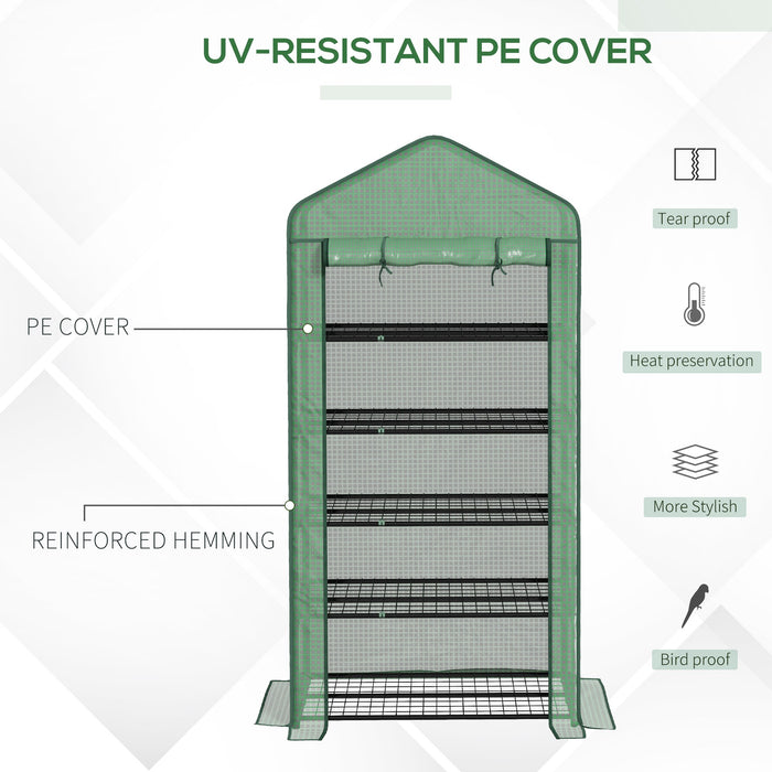 5-Tier Wide Mini Greenhouse with Sturdy PE Cover - Portable Indoor/Outdoor Gardening Shelter with Roll-up Zippered Door and Metal Wire Shelves - Ideal for Small Spaces and Plant Protection (193x90x49cm, Green)
