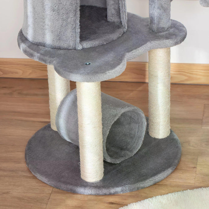 Cat Tree Tower Climber - Kitten Activity Center with Jute Scratching Posts, Bed, Tunnel, Perch, and Hanging Balls - Playful Furniture for Cats in Stylish Grey