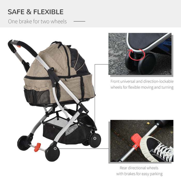 2-in-1 Pet Stroller and Carrier - Detachable, Foldable Dog and Cat Pushchair with Carrying Bag - Perfect for Small Animals, Light Brown Color