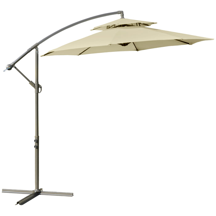 Garden Banana Parasol Cantilever Umbrella, 2.7m - Double-Tier Canopy with Crank Handle and Cross Base - Perfect for Outdoor Patio Sun Shade, Beige