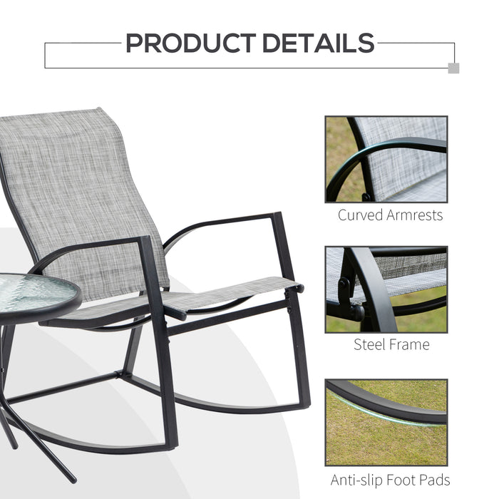 3-Piece Patio Bistro Set - Rocking Chairs with Tempered Glass Table for Outdoor Use - Ideal for Garden, Porch, Poolside Comfort in Grey