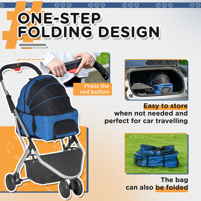 2-in-1 Detachable Pet Stroller Pushchair - Foldable Dog & Cat Travel Carriage with Carrying Bag - Convenient Mobility Solution for Animal Lovers, Dark Blue
