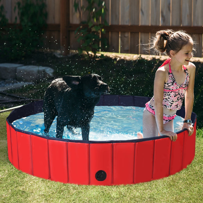 XXL - Foldable Pet Bath Swimming Pool with Rotatable Drain Valve in Red - Ideal for large breed dogs and pets needing outdoor water fun or cleaning