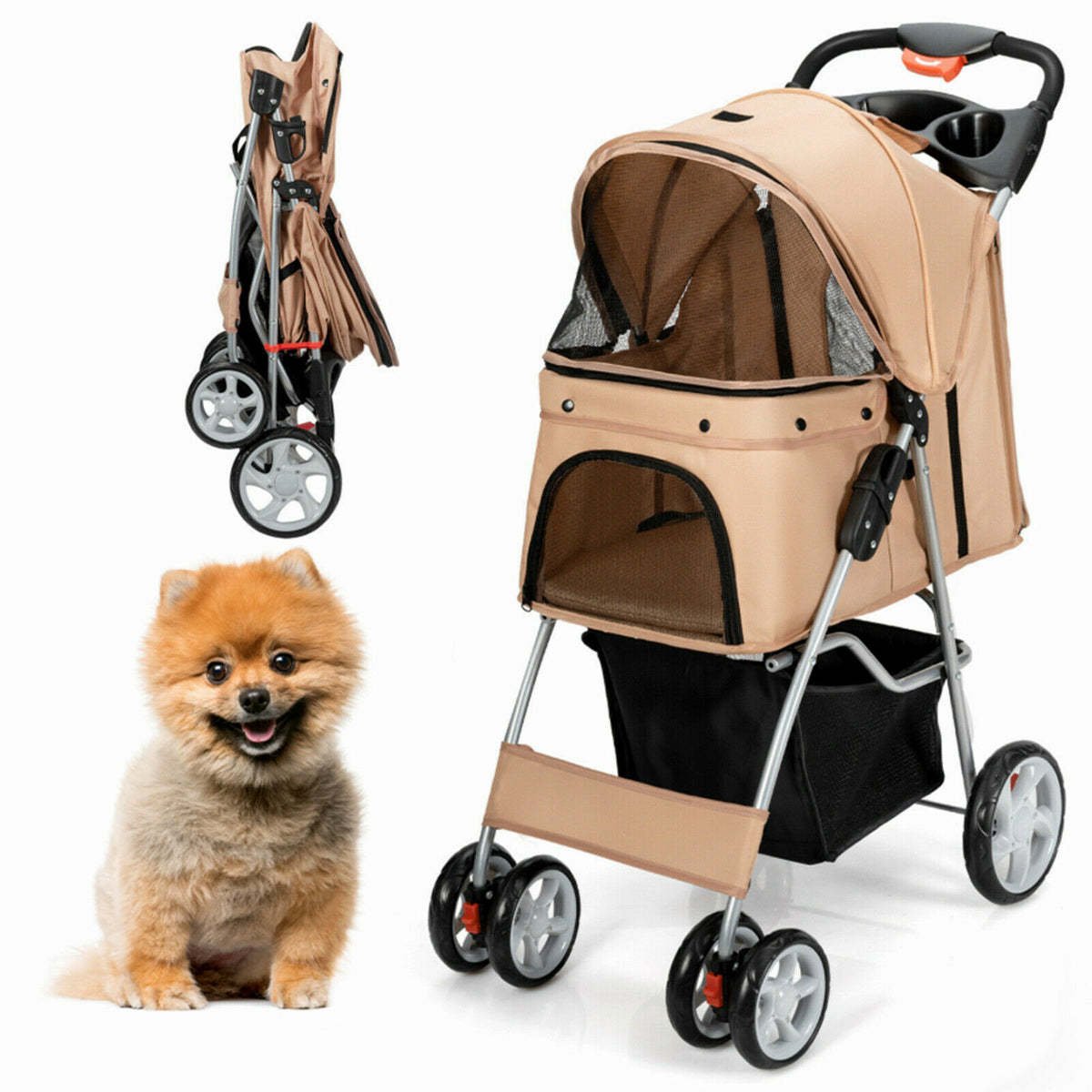 Pet Gear - 4-Wheel Foldable Pet Stroller with Storage Basket and Adjustable Canopy in Beige - Ideal for Outdoor Walks and Travel with Small to Medium Pets