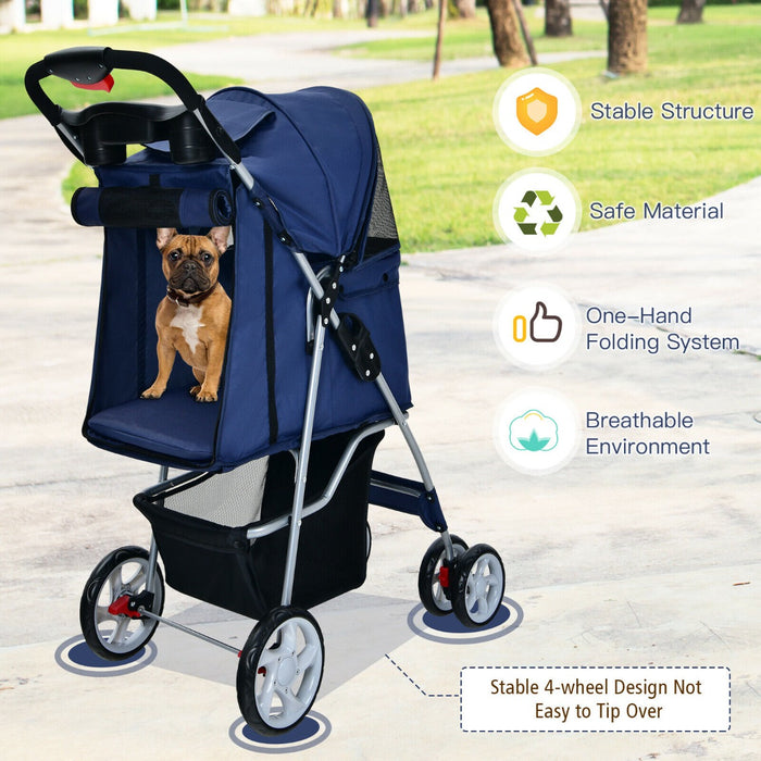 Pet Gear - 4-Wheel Foldable Pet Stroller with Storage Basket and Adjustable Canopy in Beige - Ideal for Outdoor Walks and Travel with Small to Medium Pets