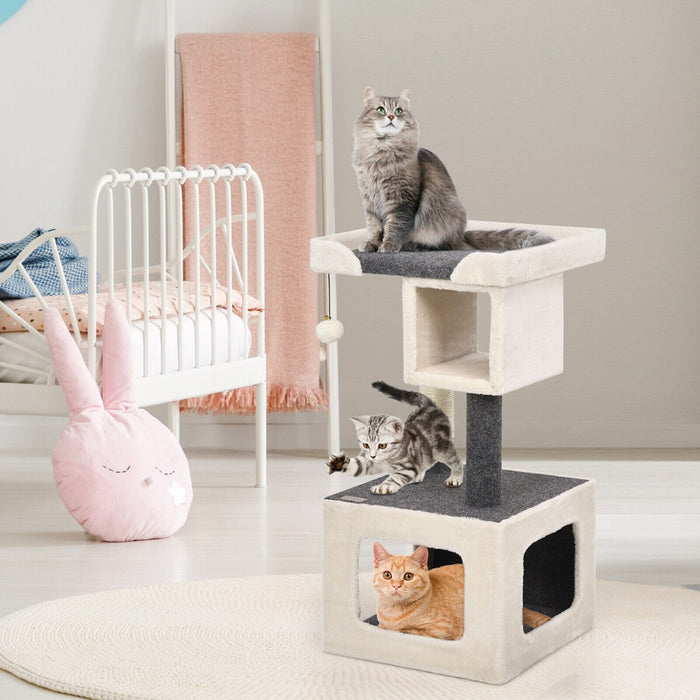 Cat Climbing Tree with 2 Condos - Interactive Furniture with Scratching Post and Plush Ball, White - Perfect for Cats to Play and Relax