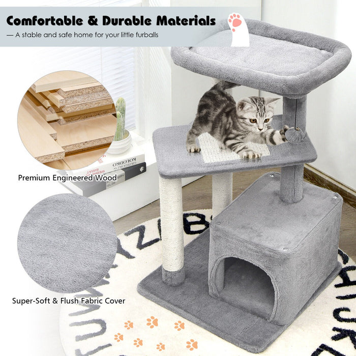4-Layer Cat Condo - Grey Cat Tree with Scratching Posts and Dangling Ball - Ideal for Feline Play and Relaxation