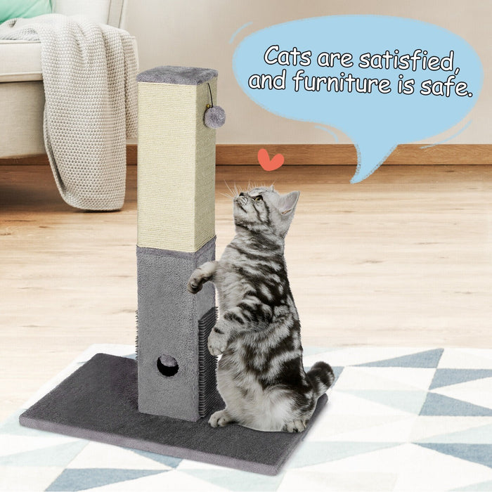 Tall Cat Scratching Post - 79cm Height, Equipped with Massage Brush, Play Balls and Carpet Base, Grey - Ideal for Kitten Entertainment and Coat Care
