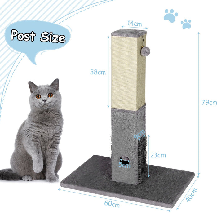 Tall Cat Scratching Post - 79cm Height, Equipped with Massage Brush, Play Balls and Carpet Base, Grey - Ideal for Kitten Entertainment and Coat Care