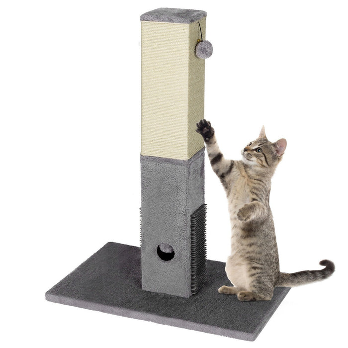 Tall Cat Scratching Post - 79cm Height, Equipped with Massage Brush, Play Balls and Carpet Base, Grey - Ideal for Kitten Entertainment and Coat Care
