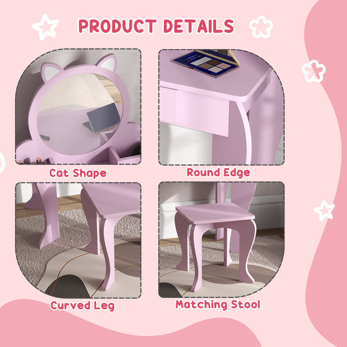 Kids Vanity Table & Stool Set - Cat-Themed Design with Mirror, Drawer, & Storage Boxes - Perfect for Children Aged 3-6 Years, Pink