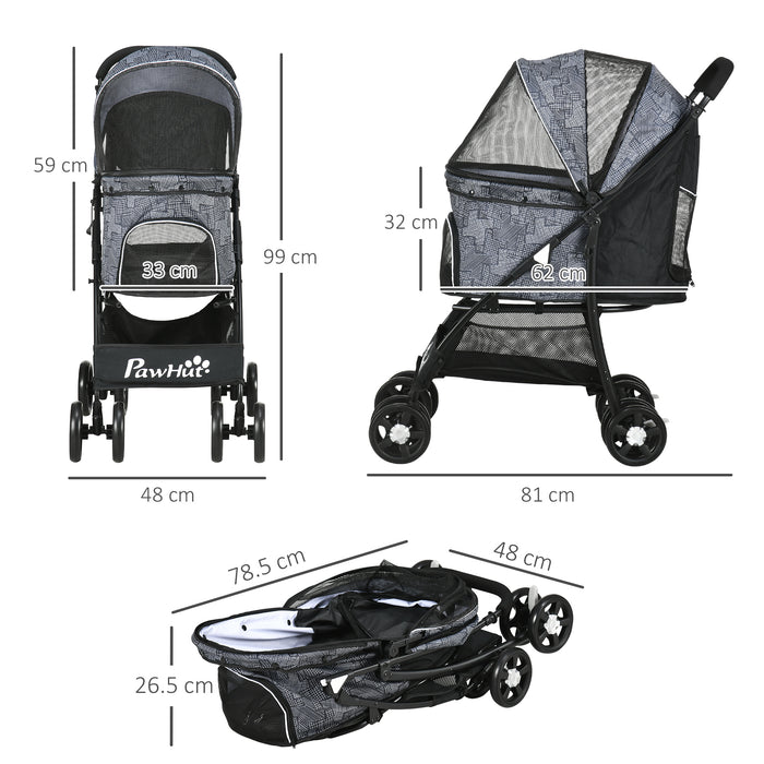 Foldable Pet Stroller for XS & S Pets - Dog & Cat Travel Pushchair with Brake Canopy & Universal Wheels - Portable Carrier for Safe Pet Outings, Grey