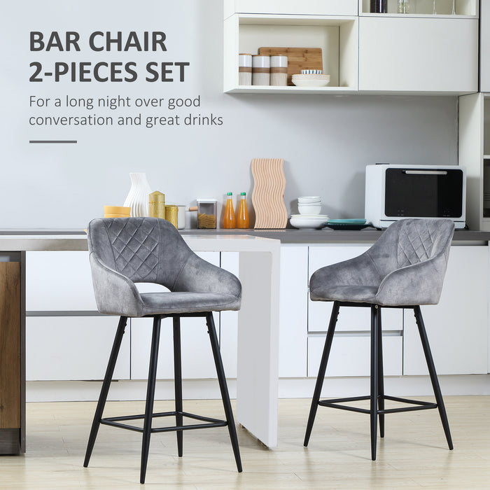 Velvet-Touch Fabric Counter Height Bar Chairs - Set of 2 Sturdy Steel-Legged Kitchen Stools with Backs - Stylish and Comfortable Dining Seating for Home