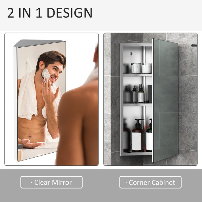 Stainless Steel Corner Mirror Cabinet - Wall-Mounted Bathroom Cupboard with Single Door, 300mm Width - Space-Saving Storage for Small Bathrooms