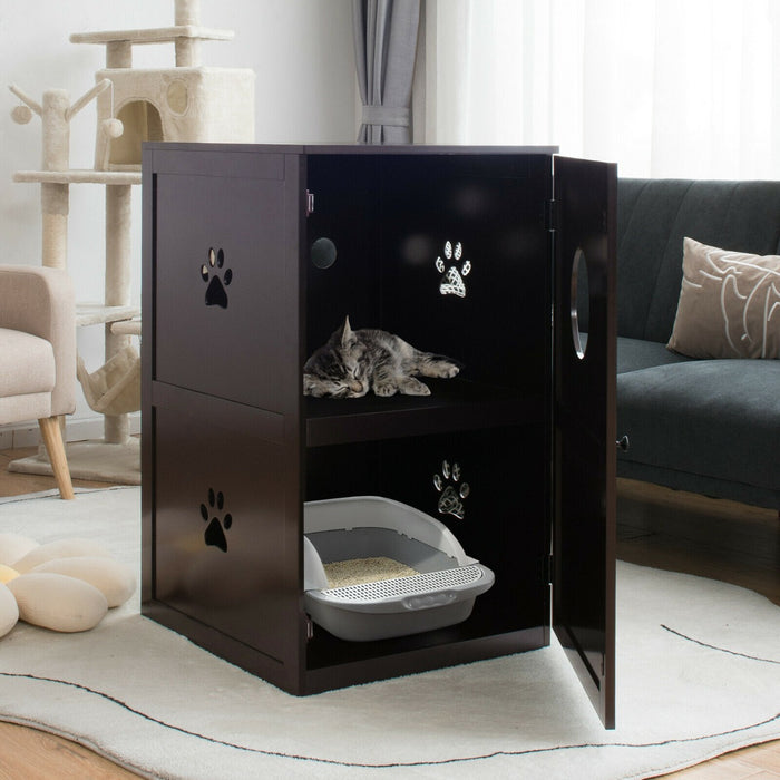 2-Tier Kitty Hidden Washroom Model - Cat Toilet with Entrance Hole and Door Feature - Ideal Solution for Maintaining Pet Privacy and Cleanliness in Coffee Color