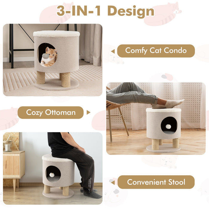 Cat Condo Stool - Indoor Furniture with Scratching Posts and Plush Ball Toy, Beige - Ideal for Cats Needing Exercise and Entertainment