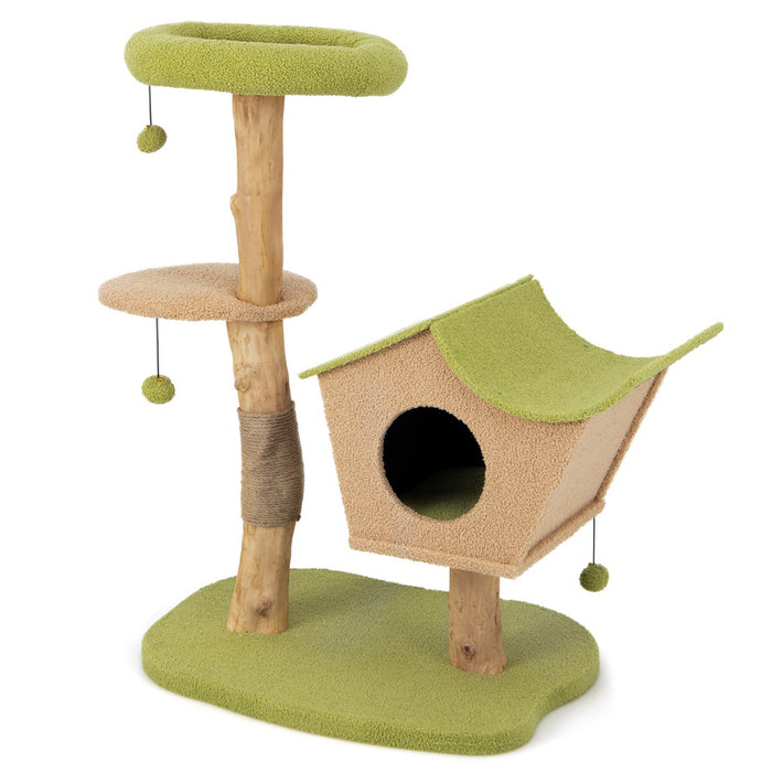 Cat Activity Center - Cute Green Design with Padded Top Perch and Dangling Bell Balls - Perfect for Indoor Cats' Playtime
