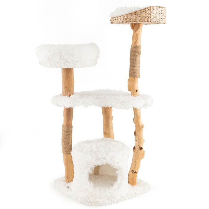 Wooden Cat Tree, 124 CM Tall - Featuring Jute Scratching Posts in White - Ultimate Playground for Feline Companions, Promotes Exercise and Claw Health
