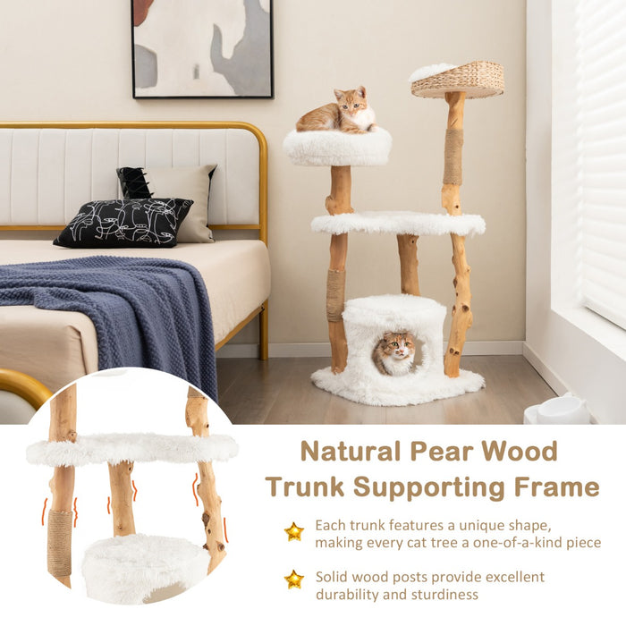 Wooden Cat Tree, 124 CM Tall - Featuring Jute Scratching Posts in White - Ultimate Playground for Feline Companions, Promotes Exercise and Claw Health
