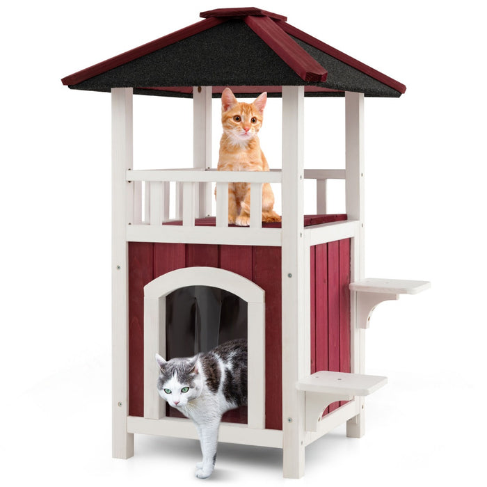 2-Story Wooden Cat House - Durable Shelter with Asphalt Roof, Red Finish - Ideal Outdoor Protection for Cats