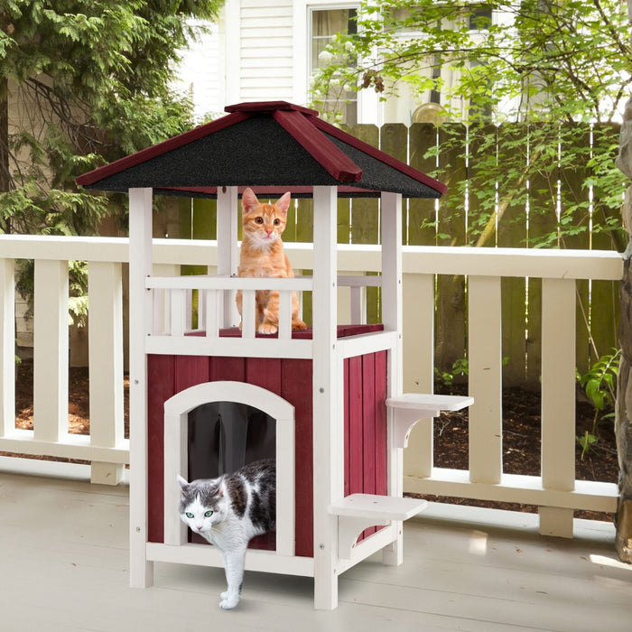 2-Story Wooden Cat House - Durable Shelter with Asphalt Roof, Red Finish - Ideal Outdoor Protection for Cats