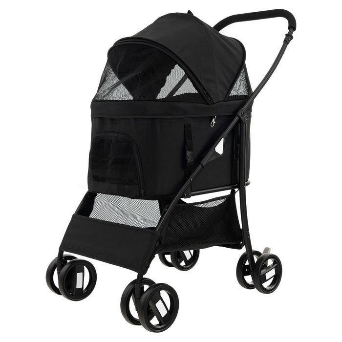 Pet Gear Stroller - Foldable Pet Stroller with 4-Level Adjustable Canopy, Storage Basket in Black - Ideal for Easy Transport of Your Pet and Convenience on Outings