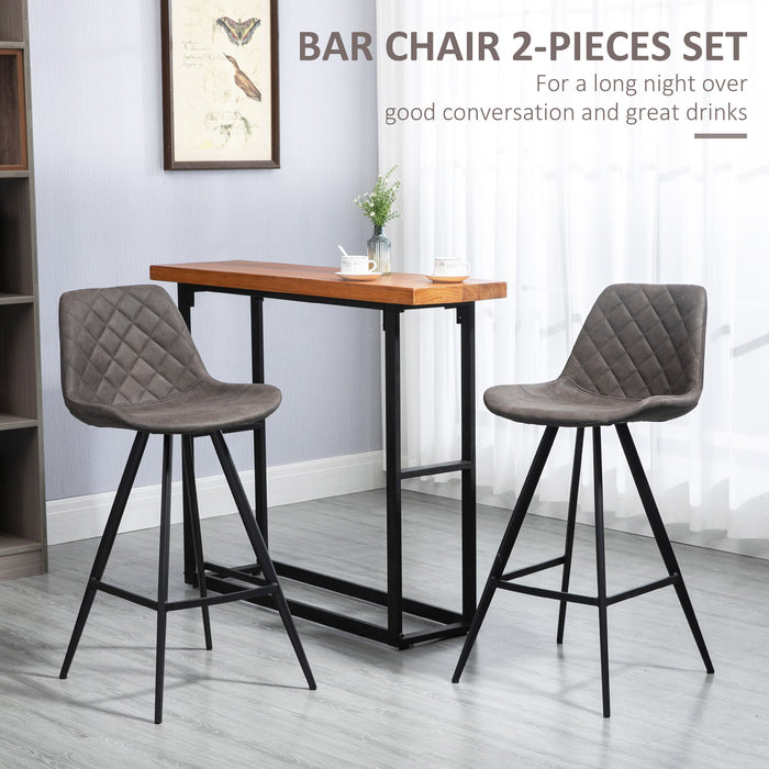 Vintage Microfiber Bar Stools, Set of 2 - Comfortable Padded Tub Seats with Quilted Design, Steel Frame and Footrest - Stylish Seating for Home Kitchen, Dark Grey