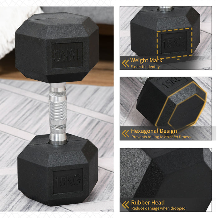 15KG Rubber Hex Dumbbell - Portable Hand Weight for Home Gym Workouts - Ideal for Fitness Enthusiasts and Strength Training