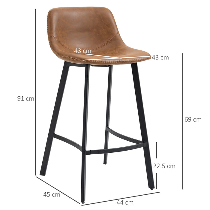 Industrial Kitchen Stool Pair - Upholstered Bar Chairs with Steel Legs and Supportive Back - Set of 2 Brown Bar Stools for Home and Entertainment Spaces