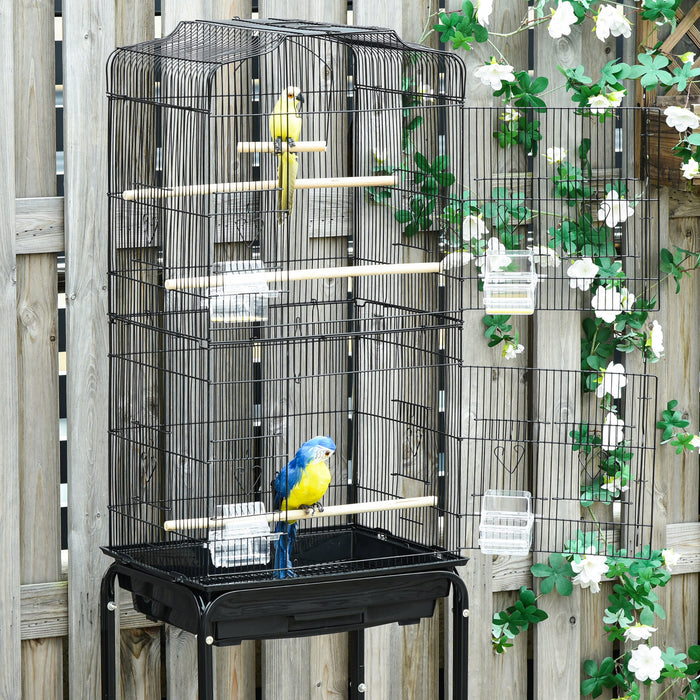 Bird Cage with Stand - Wheeled Finch, Canary, and Parakeet Habitat with Slide-Out Tray - Includes Storage Shelf, Ideal for Bird Lovers and Pet Safety