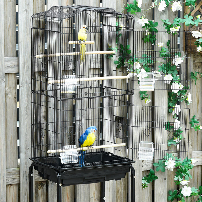 Bird Cage with Stand - Wheeled Finch, Canary, and Parakeet Habitat with Slide-Out Tray - Includes Storage Shelf, Ideal for Bird Lovers and Pet Safety