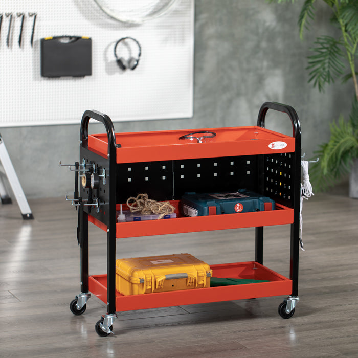 3-Tier Shelf Tool Cart with Wheels - Heavy-Duty Storage Trolley for Garage Workshop, Warehouse DIY, Includes 10 Hooks, 100kg Capacity - Red Organizer for Professionals and Hobbyists