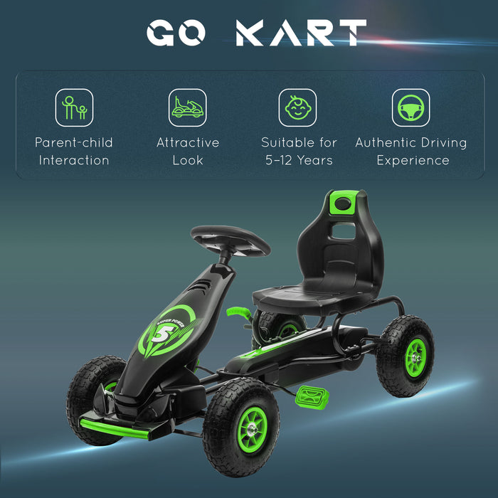 Pedal-Powered Racing Go Kart for Kids - Adjustable Seat, Inflatable Tyres, Shock Absorption, Handbrake - Ideal Outdoor Fun for Boys and Girls Ages 5-12, Vibrant Green Color