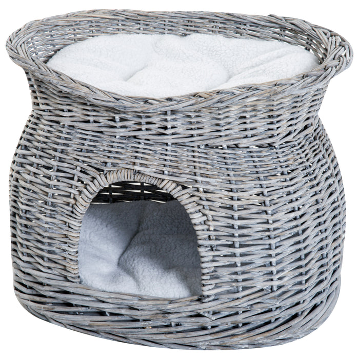 Elevated 2-Tier Wicker Cat House - Willow Basket Kitten Condo with Washable Cushions, Grey - Cozy Pet Retreat for Cats and Small Pets