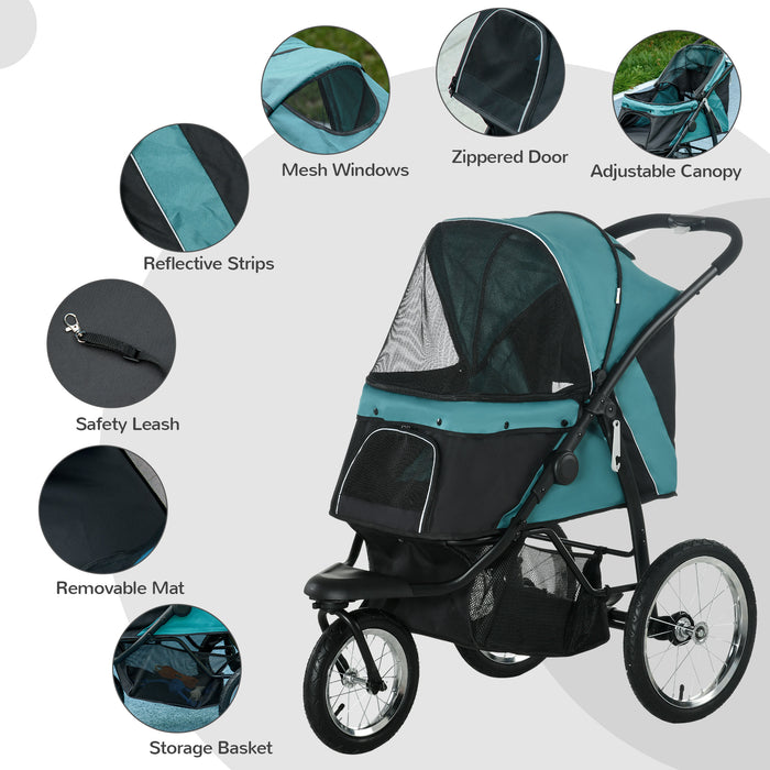 Foldable Pet Stroller Jogger - Medium & Small Dogs, Cats Pram with Adjustable Canopy, 3 Large Wheels, Dark Green - Comfortable Outdoor Travel for Pets