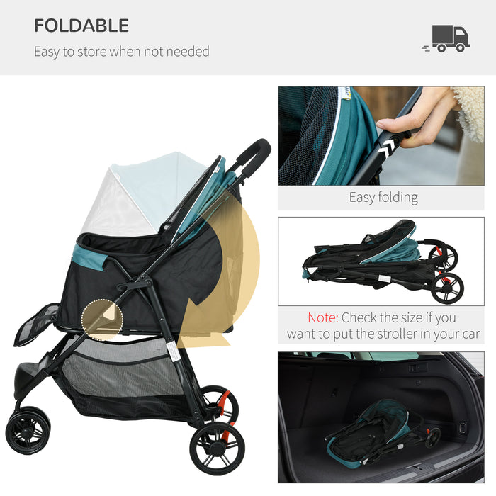 Foldable Dog Stroller with Weather Shield - Compact Travel Pet Pushchair for Extra Small and Small Dogs, Dark Green - Ideal for Outdoor Adventures and Protection from Rain