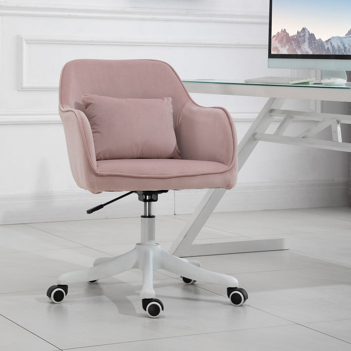 Luxurious Velvet Office Chair with Massage Pillow - Ergonomic Adjustable Height Seating with Casters - Comfortable Home Desk Chair for Work & Relaxation, Pink
