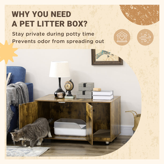 Hidden Cat Washroom Furniture - Rustic Brown Litter Box Enclosure with Scratching Pad and Double Doors - Stylish End Table Design for Pet Owners