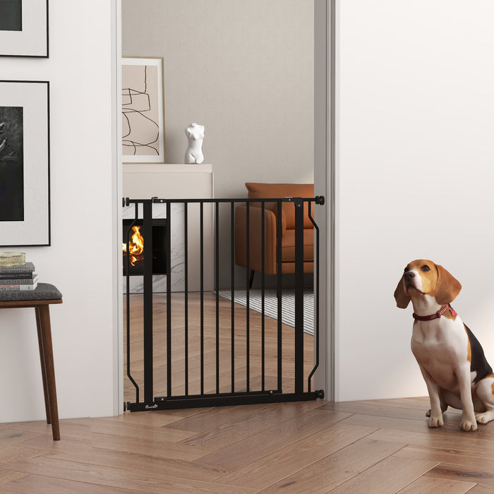 Extra Wide Dog Safety Gate with Walk-Through Door - Ideal Barrier for Doorways, Hallways, Stairs - Pet-Friendly Home Solution in Black