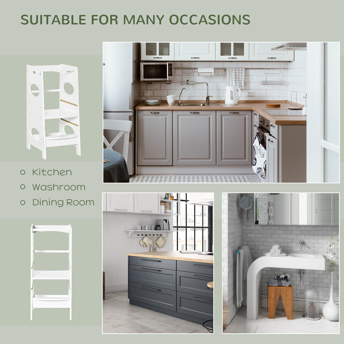 Adjustable Kids Step Stool - Toddler Kitchen Helper Tower with Standing Platform - Safe Cooking Access for Children Counter Height White