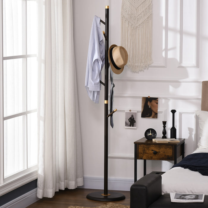 Vintage Style Coat Rack - Free-Standing Bamboo Hall Tree with 6 Hooks for Entryway, Hallway, Bedroom - Elegant Walnut Finish Storage Solution