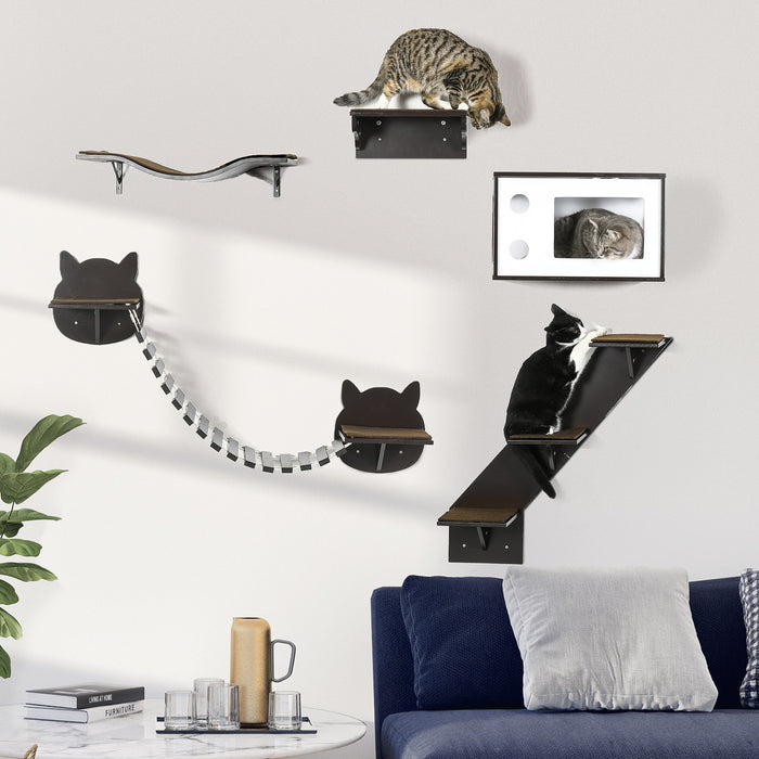 Cat Wall Shelves 5-Piece Set - Curved Platform, Condo, Bridge, Stairs & Perch - Space-Saving Wall-Mounted Cat Tree for Indoor Cats, Brown