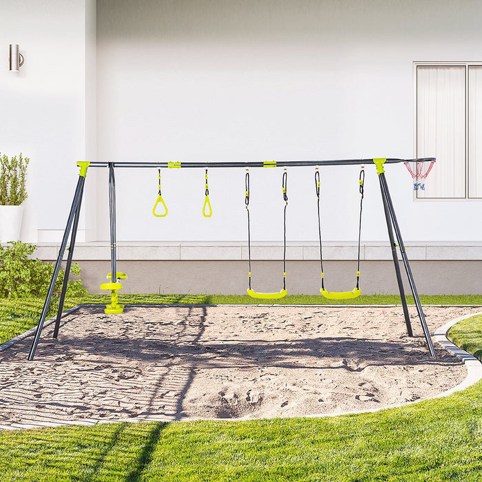 Adjustable Kids Swing Set with Seesaw and Basketball Hoop - Durable A-Frame Metal Outdoor Play Equipment - Fun Backyard Playset for Children Ages 3-10