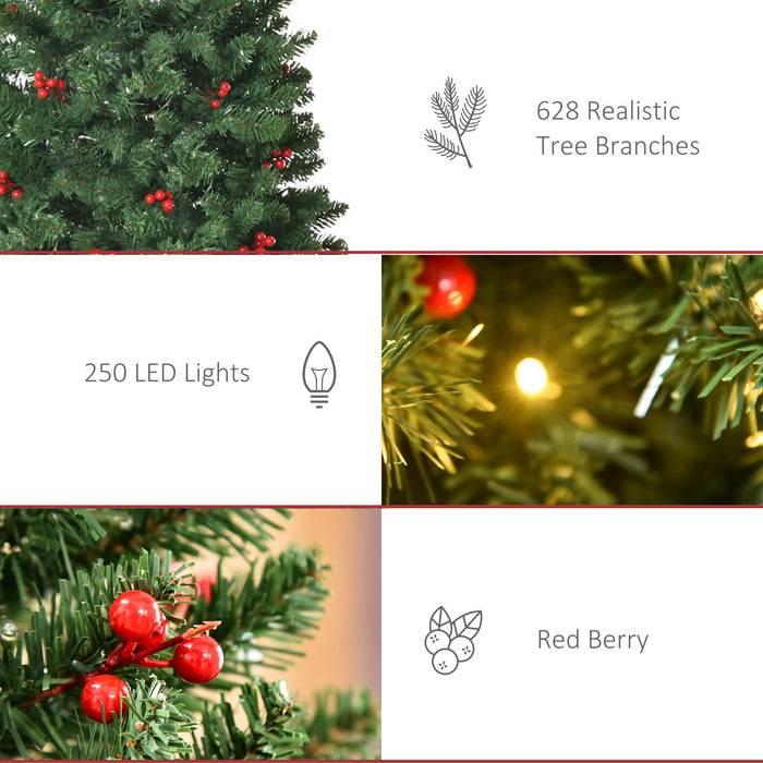 6ft Pre-Lit Slim Green Christmas Tree with LED Lights - Artificial Pencil Design with Red Berries - Festive Holiday Decor for Home Spaces